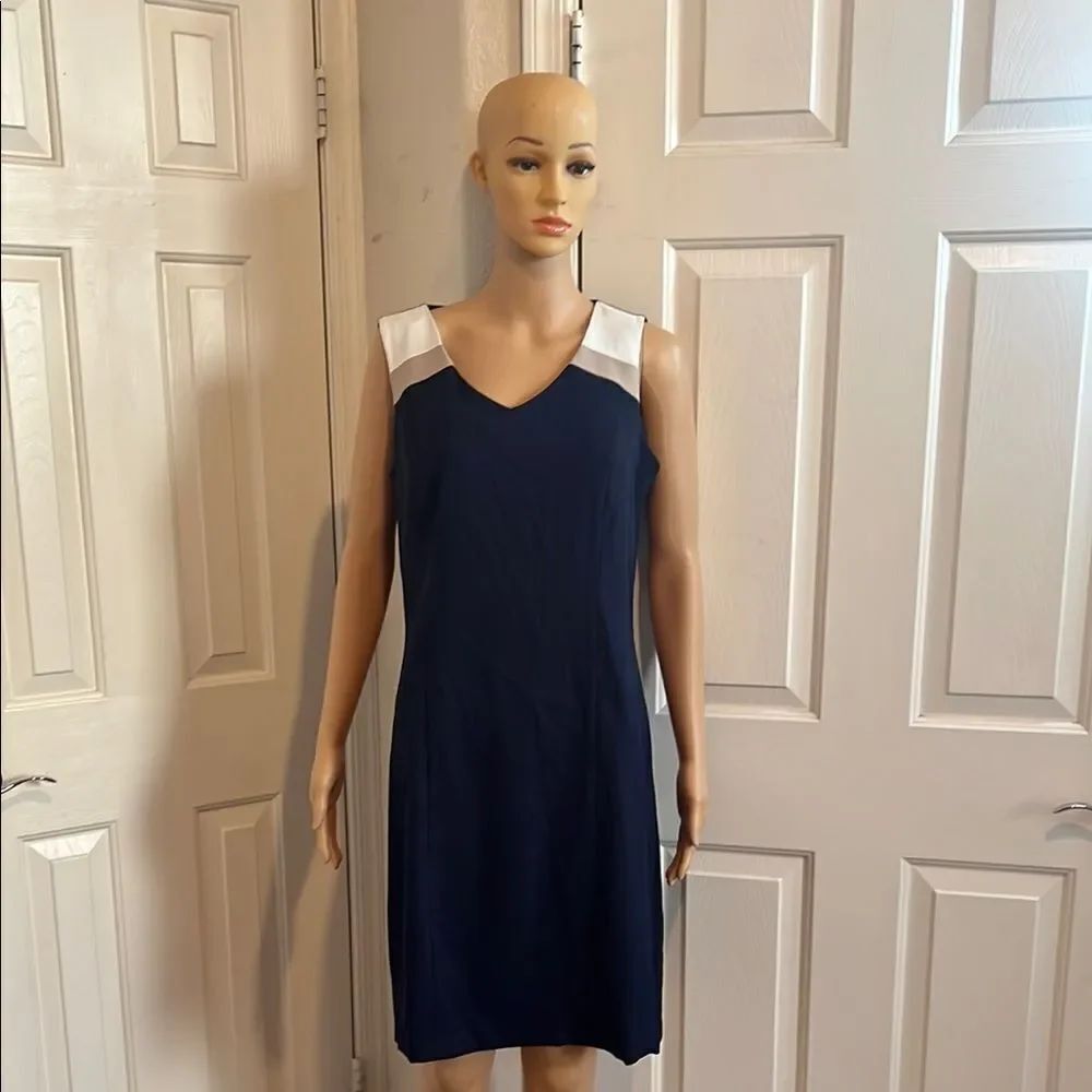 Dressbarn Navy Blue White Taupe Sheath Midi Dress V-Neck Sleeveless Sz 12 Office